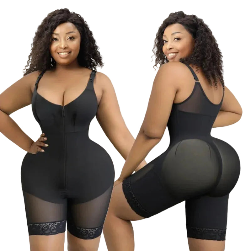Open-Bust Zippered Bodysuit with Sheer Mesh Paneling and Lace Trim