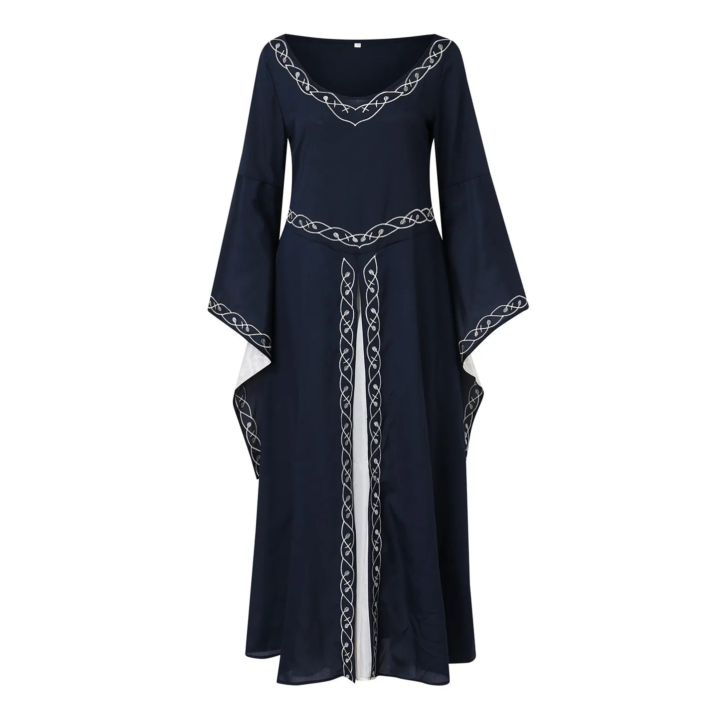 Medieval Gothic Embroidered Maxi Dress with Flowing Bell Sleeves and Elegant Silhouette