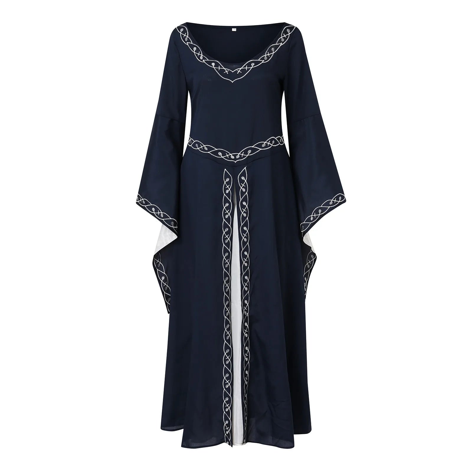 Medieval Gothic Embroidered Maxi Dress with Flowing Bell Sleeves and Elegant Silhouette