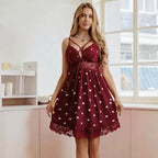Deep Red Heart Print Silk Nightgown with Strappy Neckline and Lace Trim