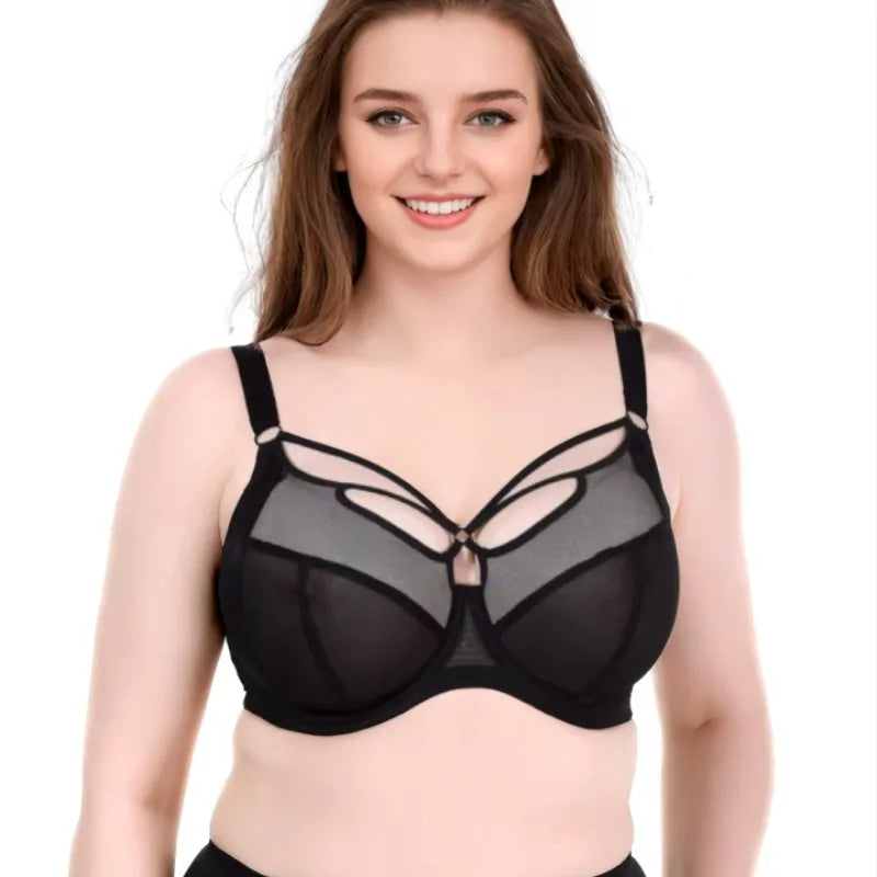 Elegant Sheer Mesh Underwire Minimizer Bra with Strappy Center Detailing