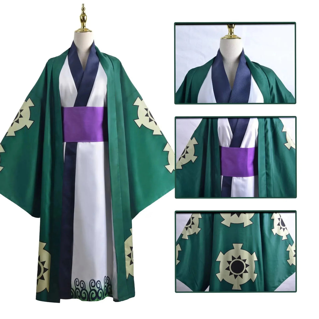 Layered Green Kimono-Style Robe Set with Contrast Sash and Gold-Tone Earrings