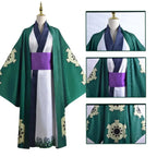 Layered Green Kimono-Style Robe Set with Contrast Sash and Gold-Tone Earrings