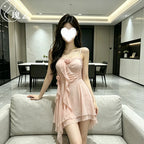 Soft Pink Asymmetrical Ruffle Chemise with Delicate Rosette Detail