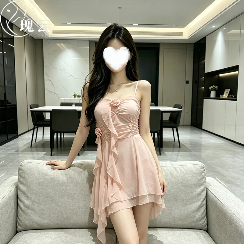 Soft Pink Asymmetrical Ruffle Chemise with Delicate Rosette Detail