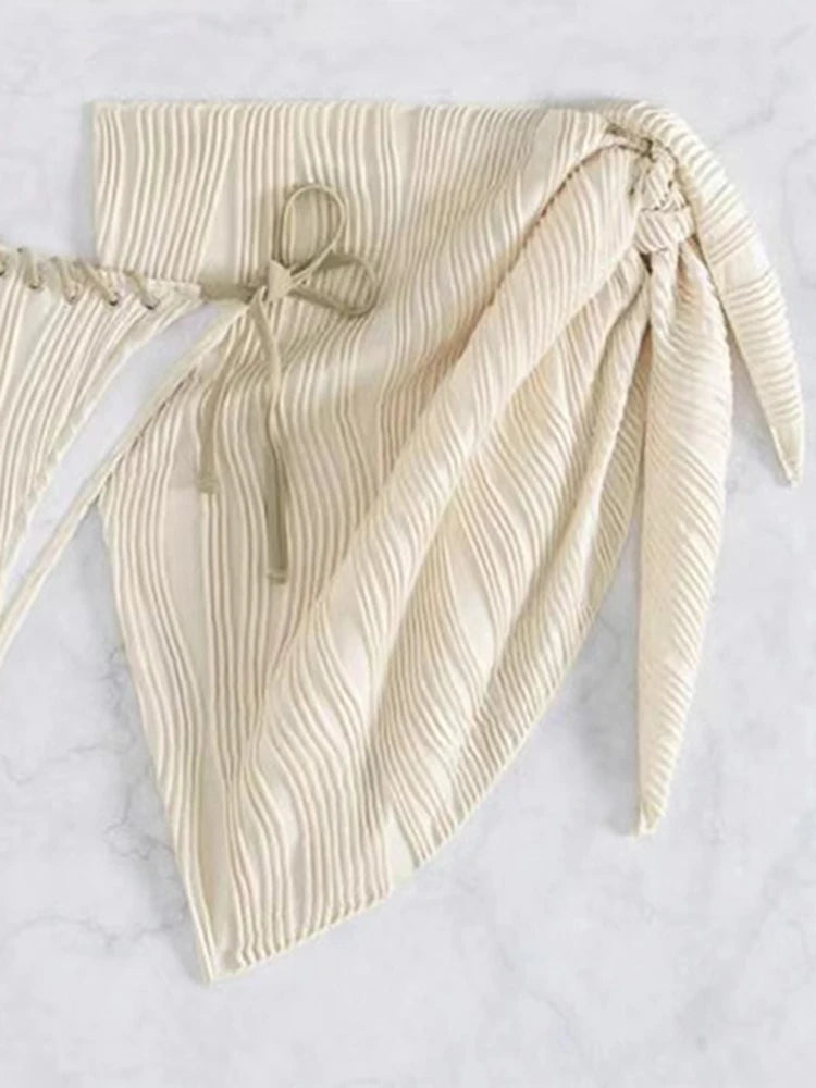 Textured Cream Three-Piece String Bikini Set with Woven Scalloped Trim