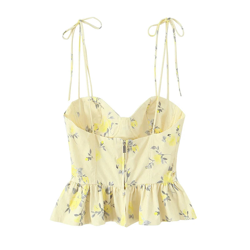 Sunny Yellow Floral Print Cami Bustier with Tie Straps and Flared Hem