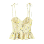 Sunny Yellow Floral Print Cami Bustier with Tie Straps and Flared Hem