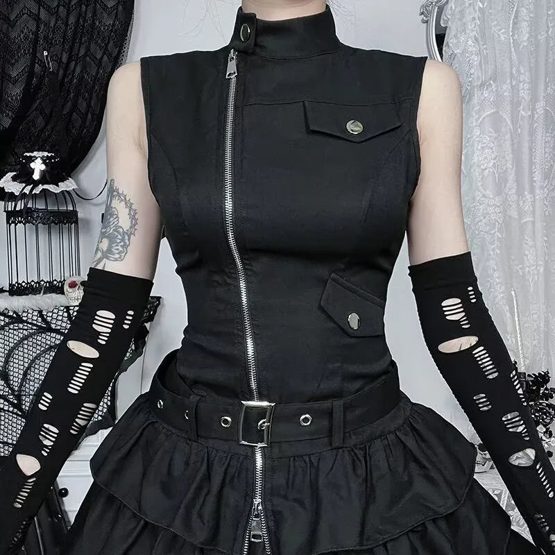 Structured Gothic Mini Dress with Utility-Inspired Alternative Fashion Details