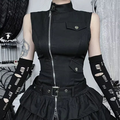 Structured Gothic Mini Dress with Utility-Inspired Alternative Fashion Details