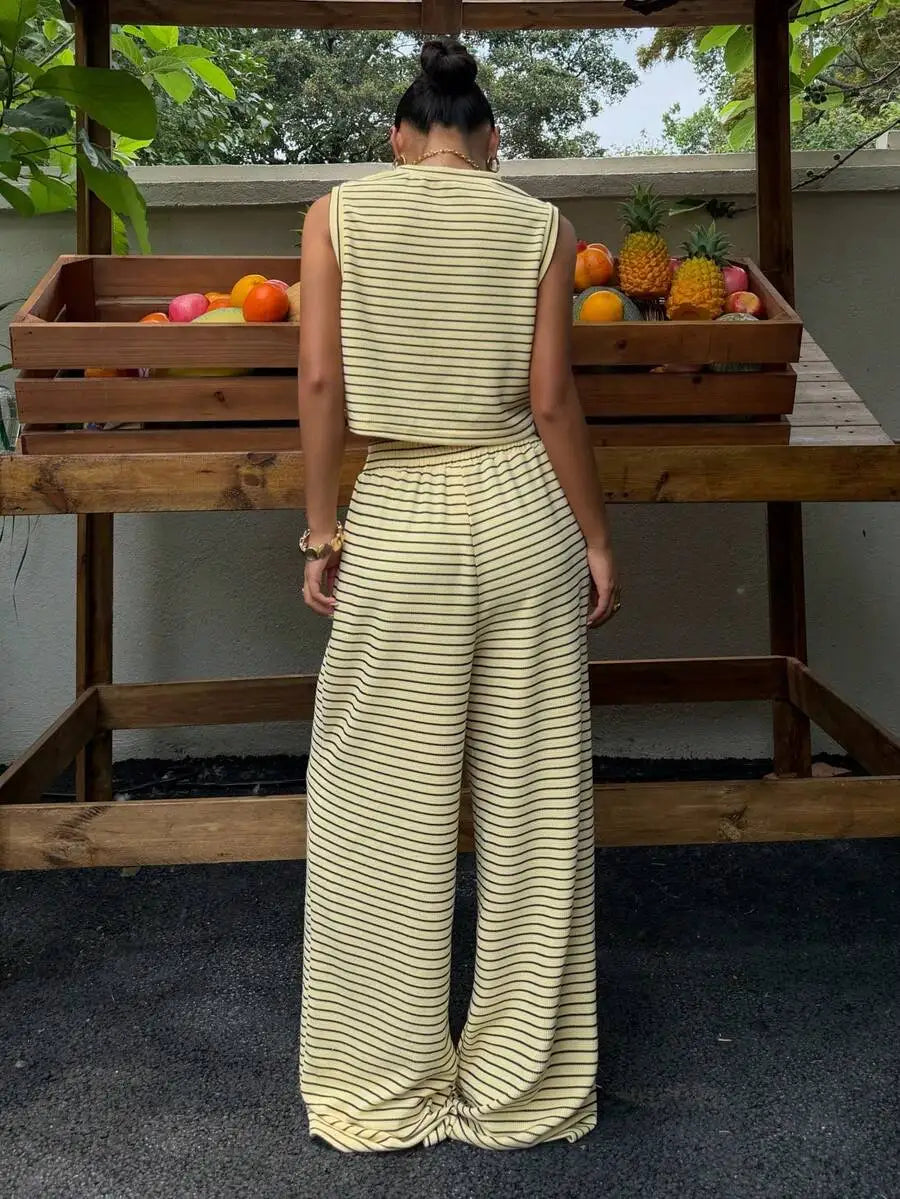 Women's Striped Sleeveless Top and Wide Leg Pants Relaxed Matching Set