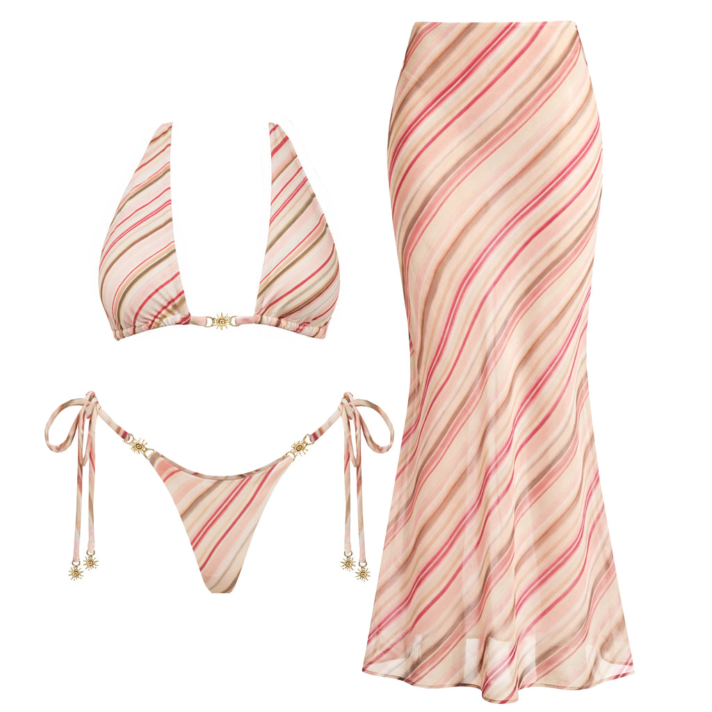 Diagonal Stripe Three-Piece Triangle Bikini Set with Flowing Maxi Skirt