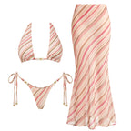 Diagonal Stripe Three-Piece Triangle Bikini Set with Flowing Maxi Skirt