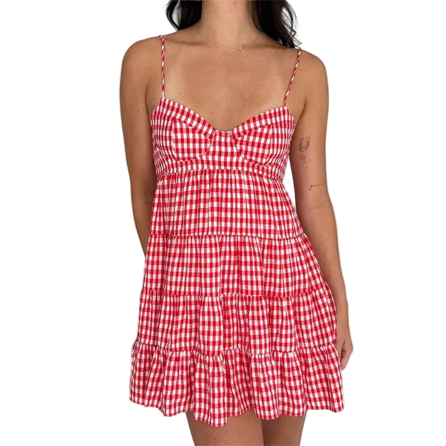 Y2K Inspired Gingham Spaghetti Strap Mini Dress With Flowy Swing Silhouette