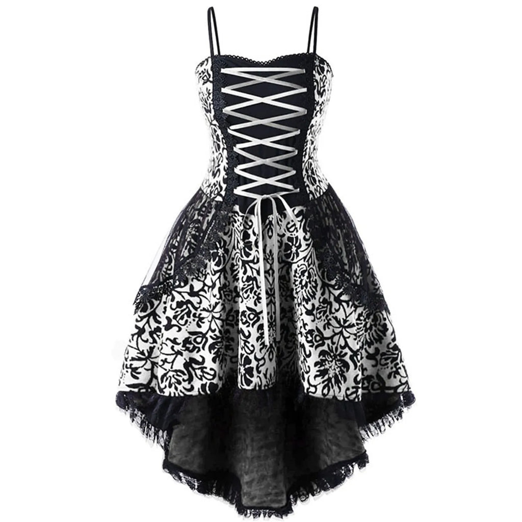 Gothic-Inspired Red and Black Lace Overlay Mini Dress with Tiered Hem