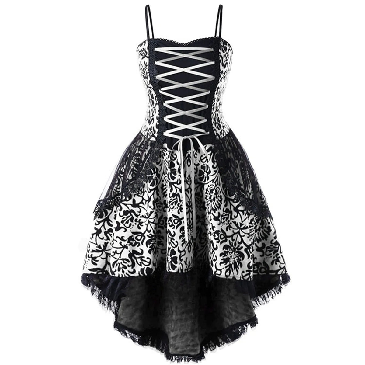 Gothic-Inspired Red and Black Lace Overlay Mini Dress with Tiered Hem