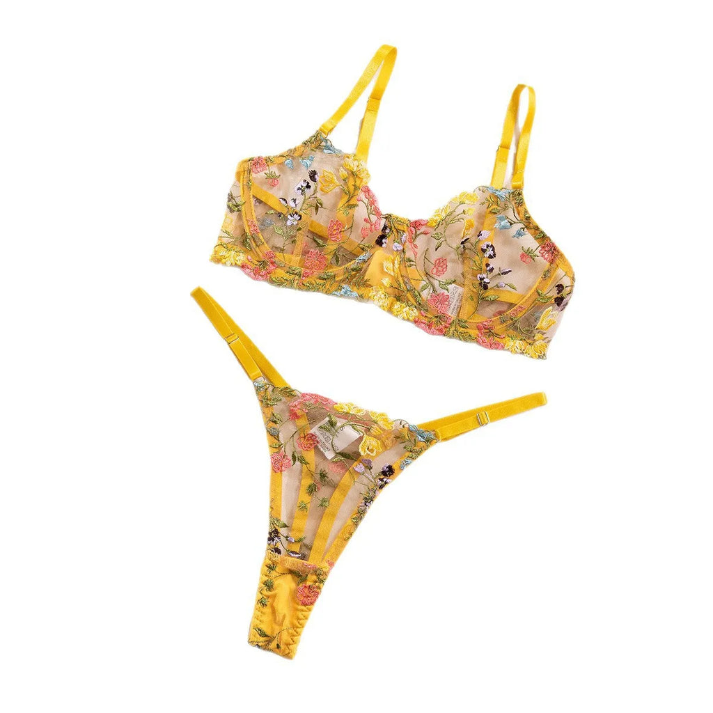 Vibrant Orange Sheer Mesh and Floral Embroidered Underwire Lingerie Set