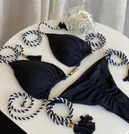 Soft Periwinkle Triangle Bikini Set with Two-Tone Twisted Rope and Tassel Details