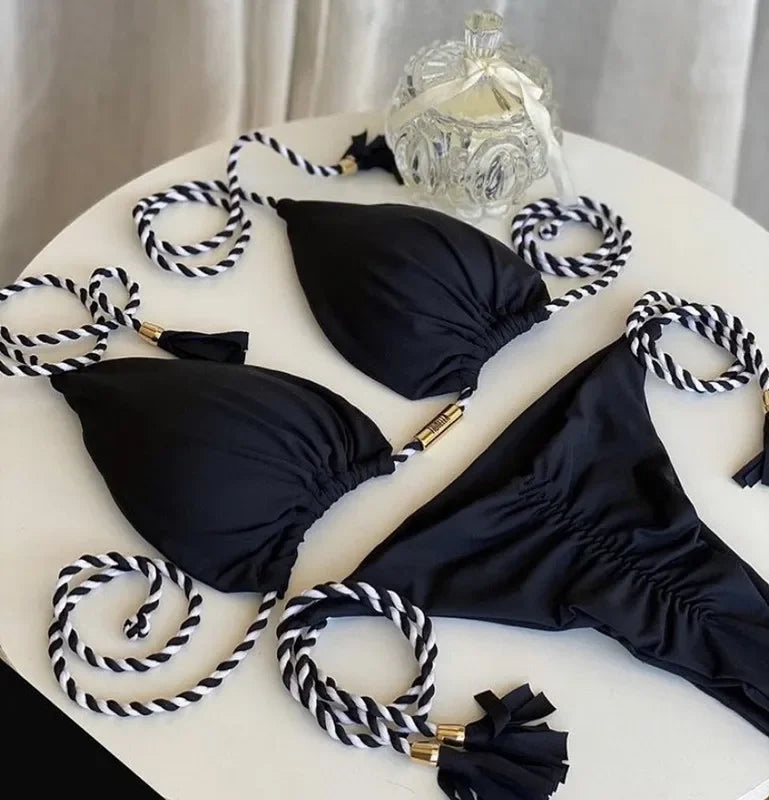Soft Periwinkle Triangle Bikini Set with Two-Tone Twisted Rope and Tassel Details