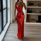 Sequin Bodycon Maxi Dress with Square Neck and Open Back Design