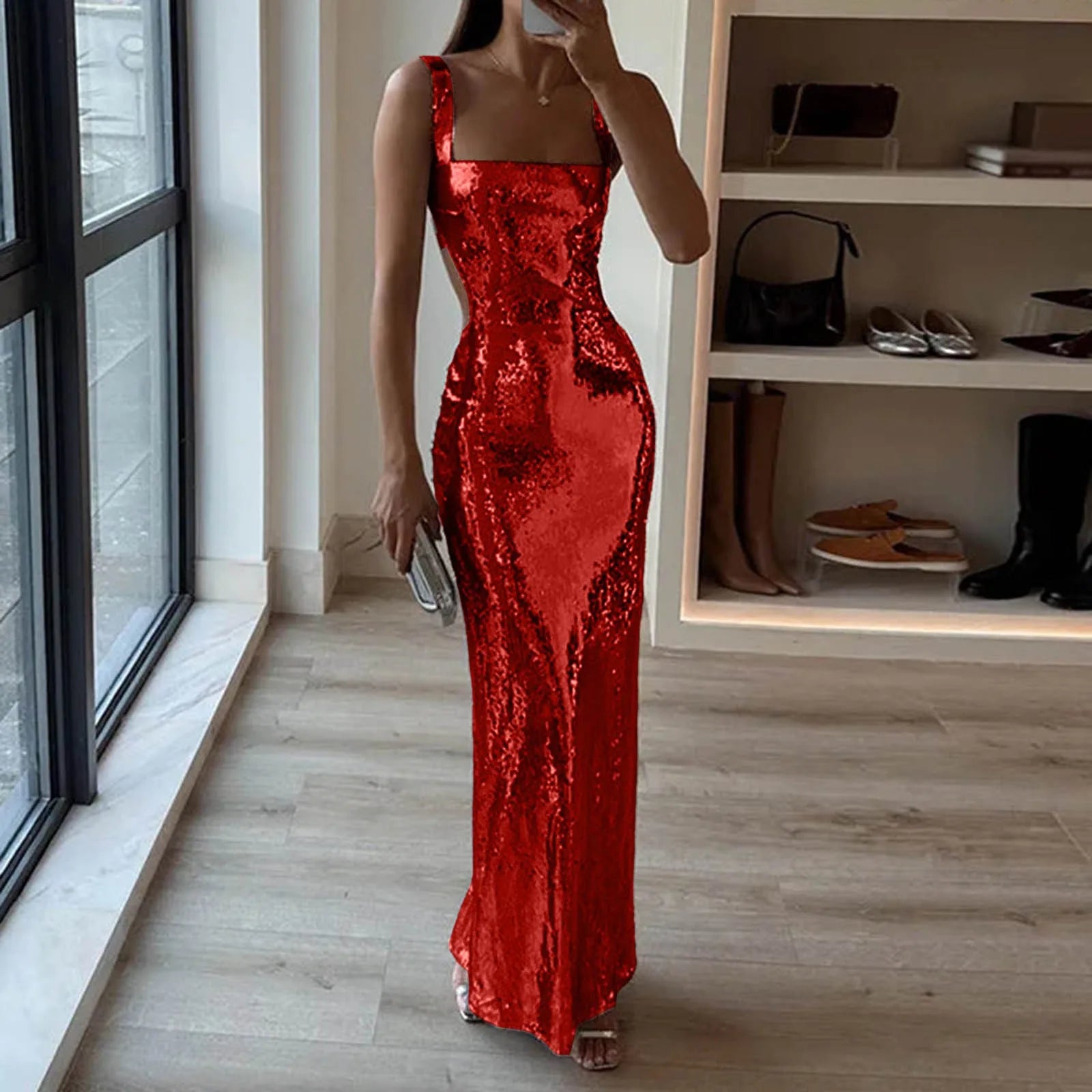 Sequin Bodycon Maxi Dress with Square Neck and Open Back Design