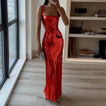 Sequin Bodycon Maxi Dress with Square Neck and Open Back Design