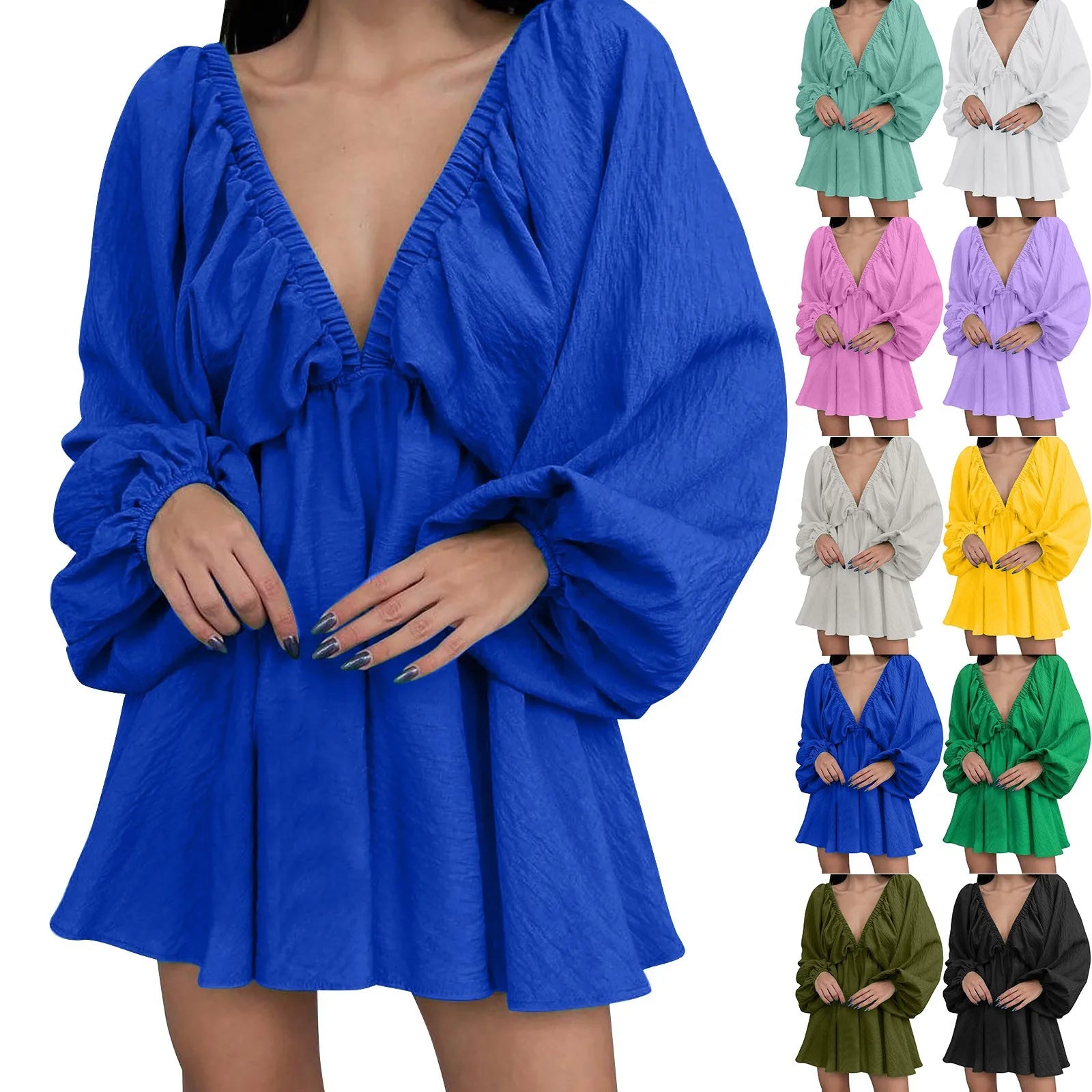 Deep V Neck Pleated Maxi Dress with Flowing Long Sleeves