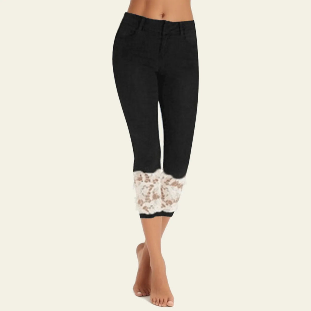 Women's Low Rise Cropped Capri Pants with Lace Hem Detail and Casual Slim Fit
