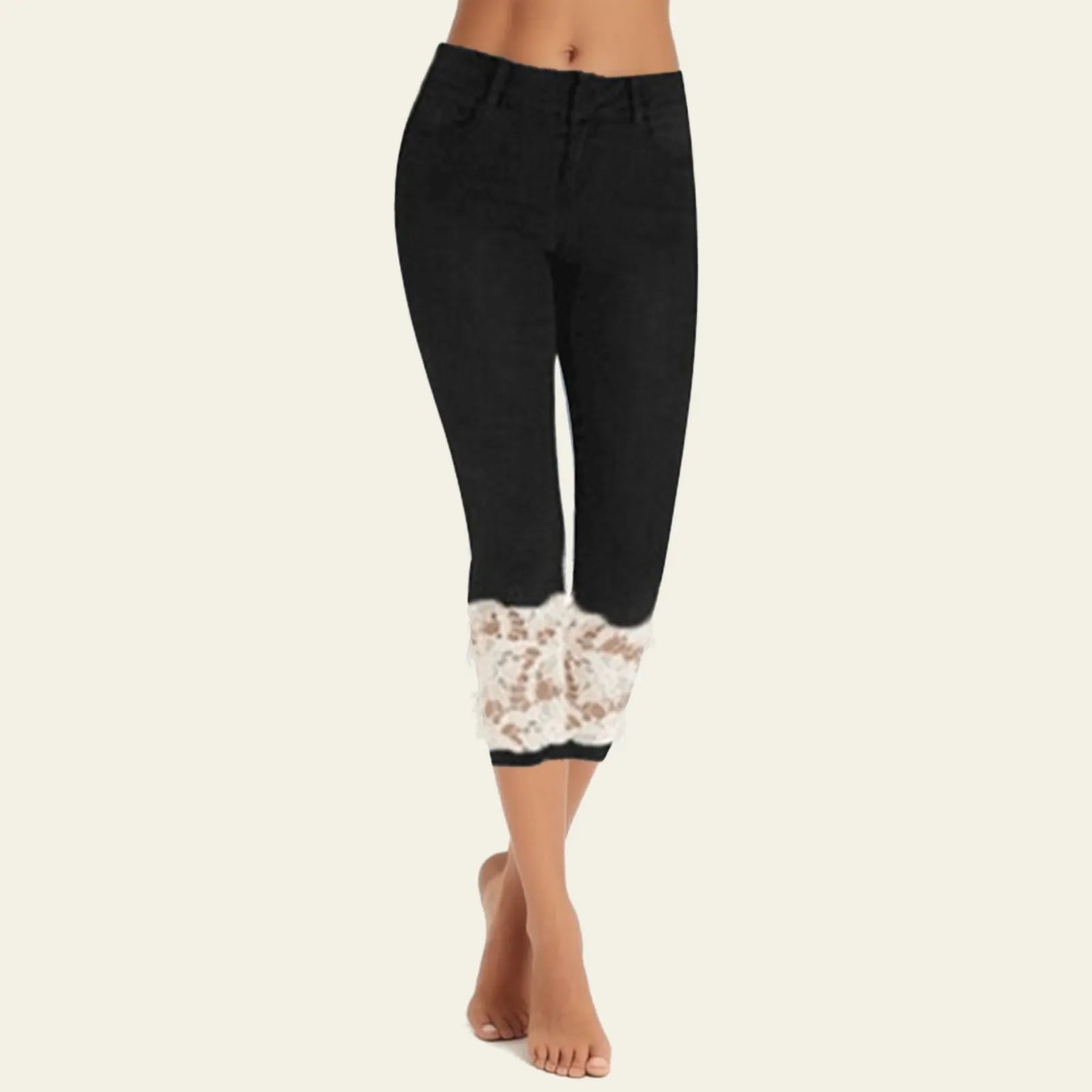 Women's Low Rise Cropped Capri Pants with Lace Hem Detail and Casual Slim Fit