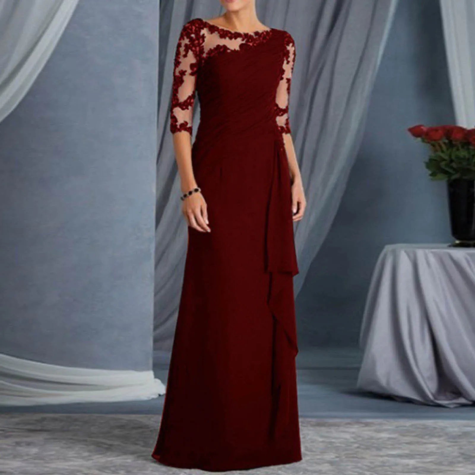Elegant Floor Length Dress With Sheer Lace Shoulder Detailing