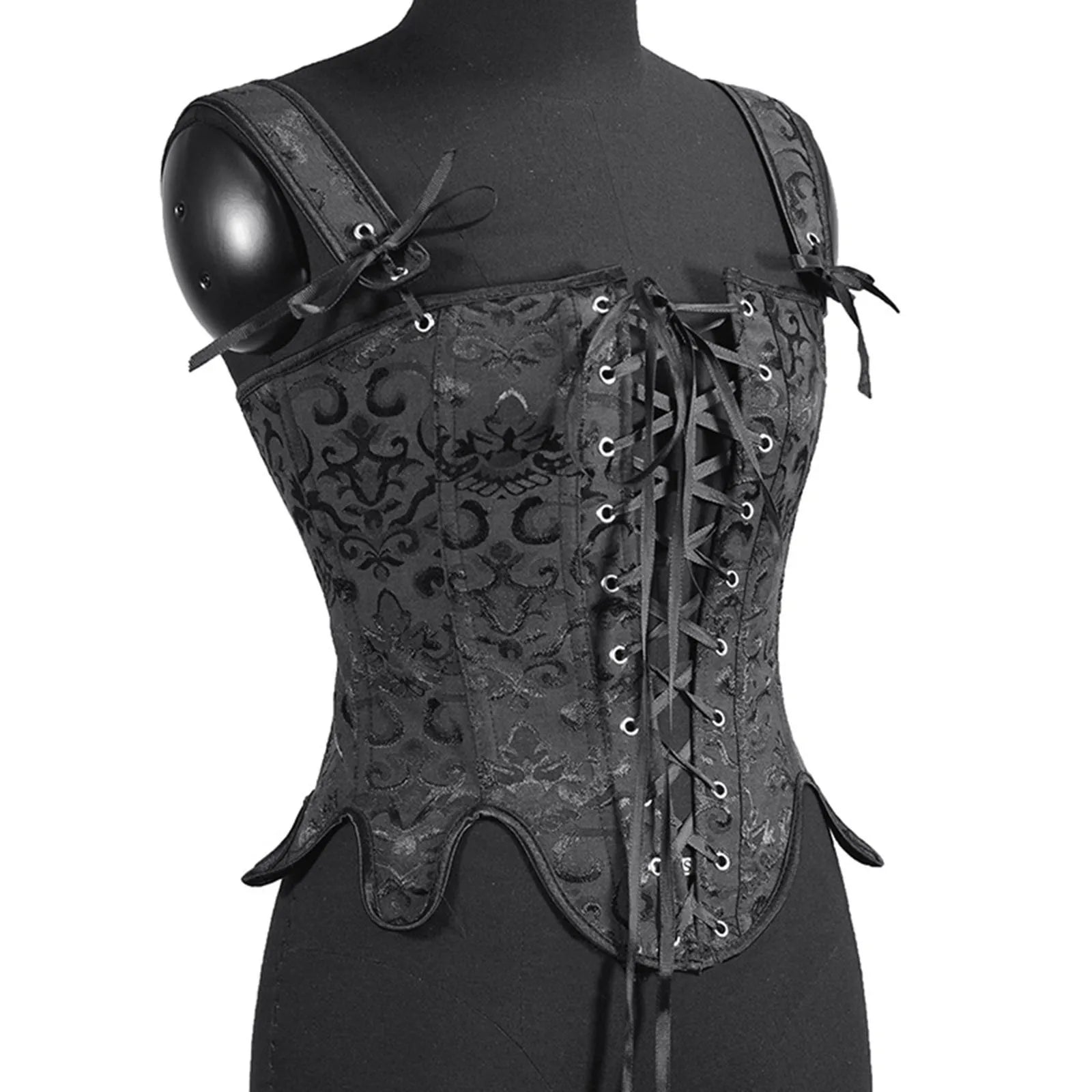 Vintage-Inspired Lace-Up Corset Top with Structured Bodice and Shoulder Ties