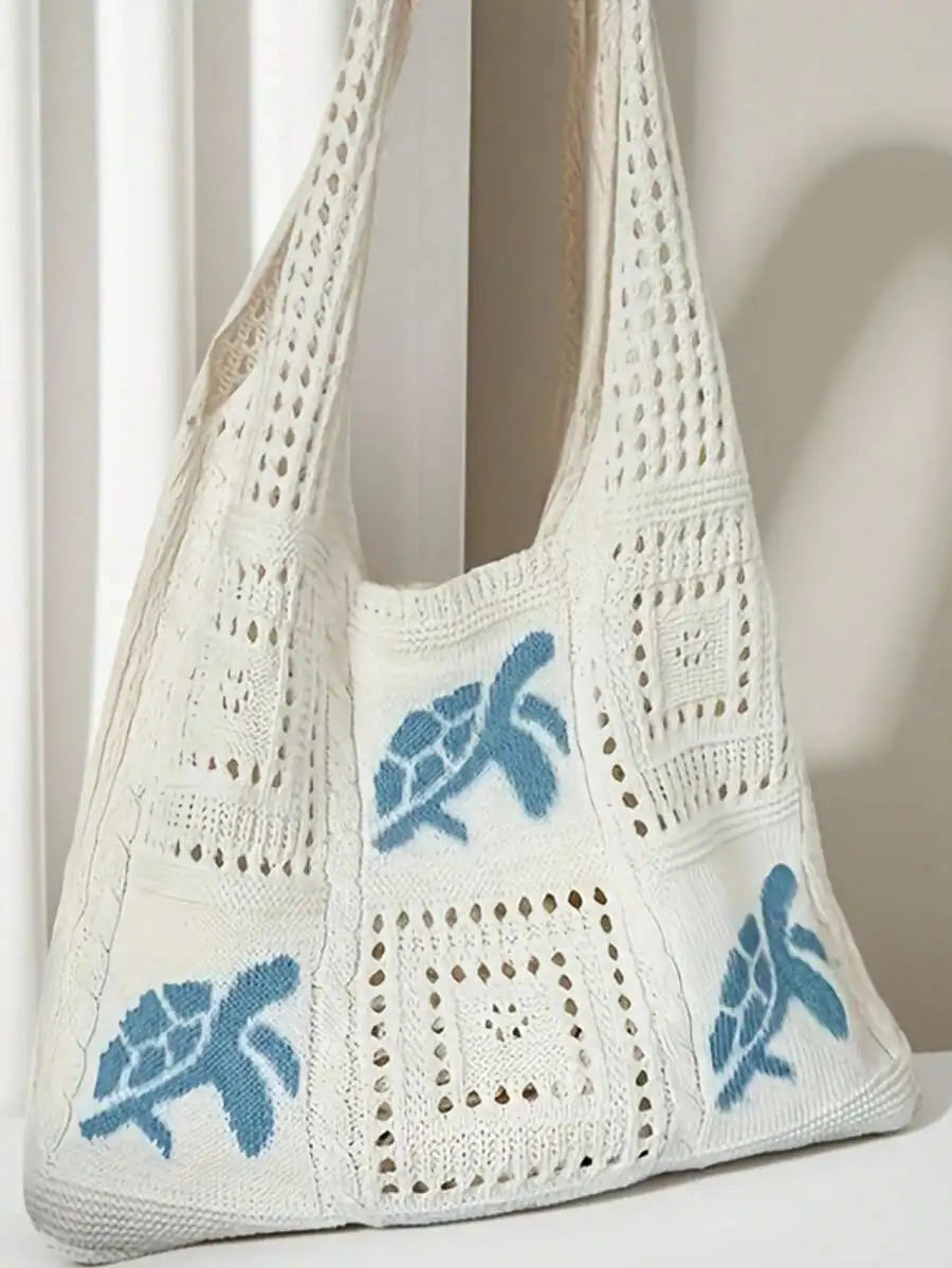Crochet Knit Beach Tote Bag with Embroidered Coastal Inspired Pattern