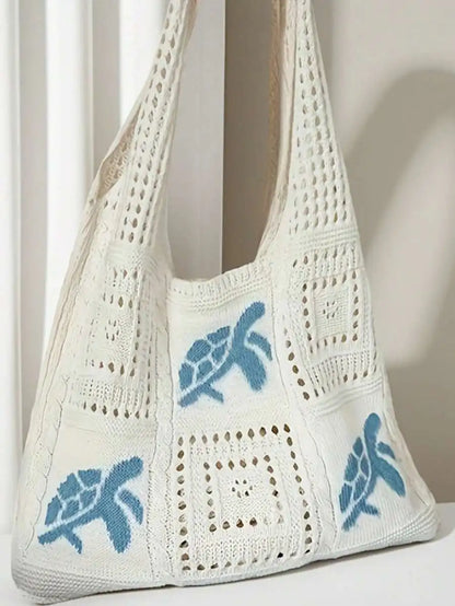 Crochet Knit Beach Tote Bag with Embroidered Coastal Inspired Pattern