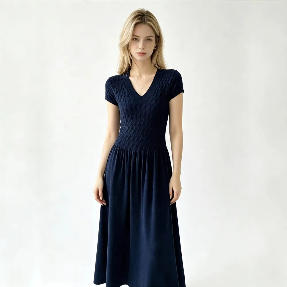 Elegant Short-Sleeve Smocked A-Line Midi Dress in Classic Black