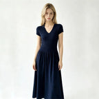 Elegant Short-Sleeve Smocked A-Line Midi Dress in Classic Black