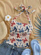 Floral Print Halter Crop Top with Bow Detail Summer Vacation Style
