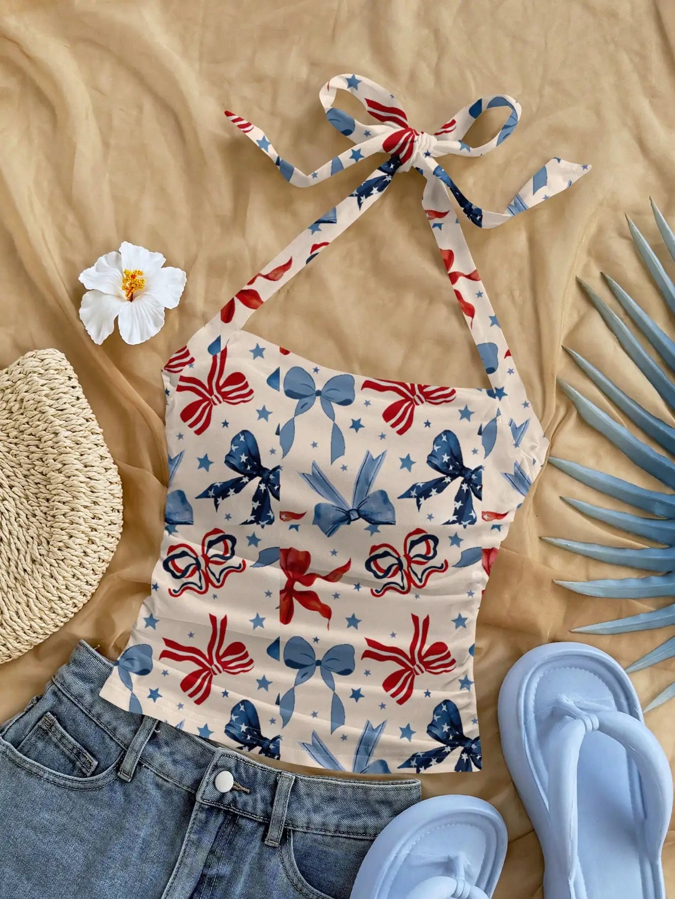 Floral Print Halter Crop Top with Bow Detail Summer Vacation Style