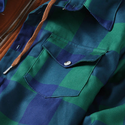 Men's Relaxed Fit Plaid Hooded Overshirt Jacket with Utility Pockets for Casual Streetwear