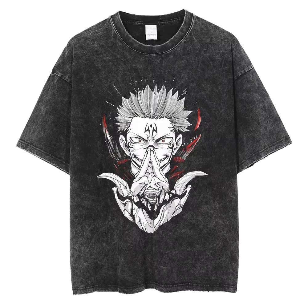 Vintage Anime Rage Illustration Oversized Washed Cotton Streetwear Graphic T-Shirt