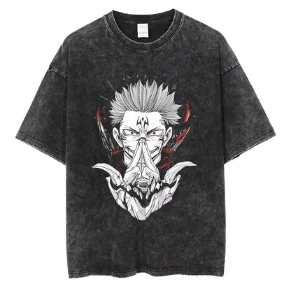 Vintage Anime Rage Illustration Oversized Washed Cotton Streetwear Graphic T-Shirt