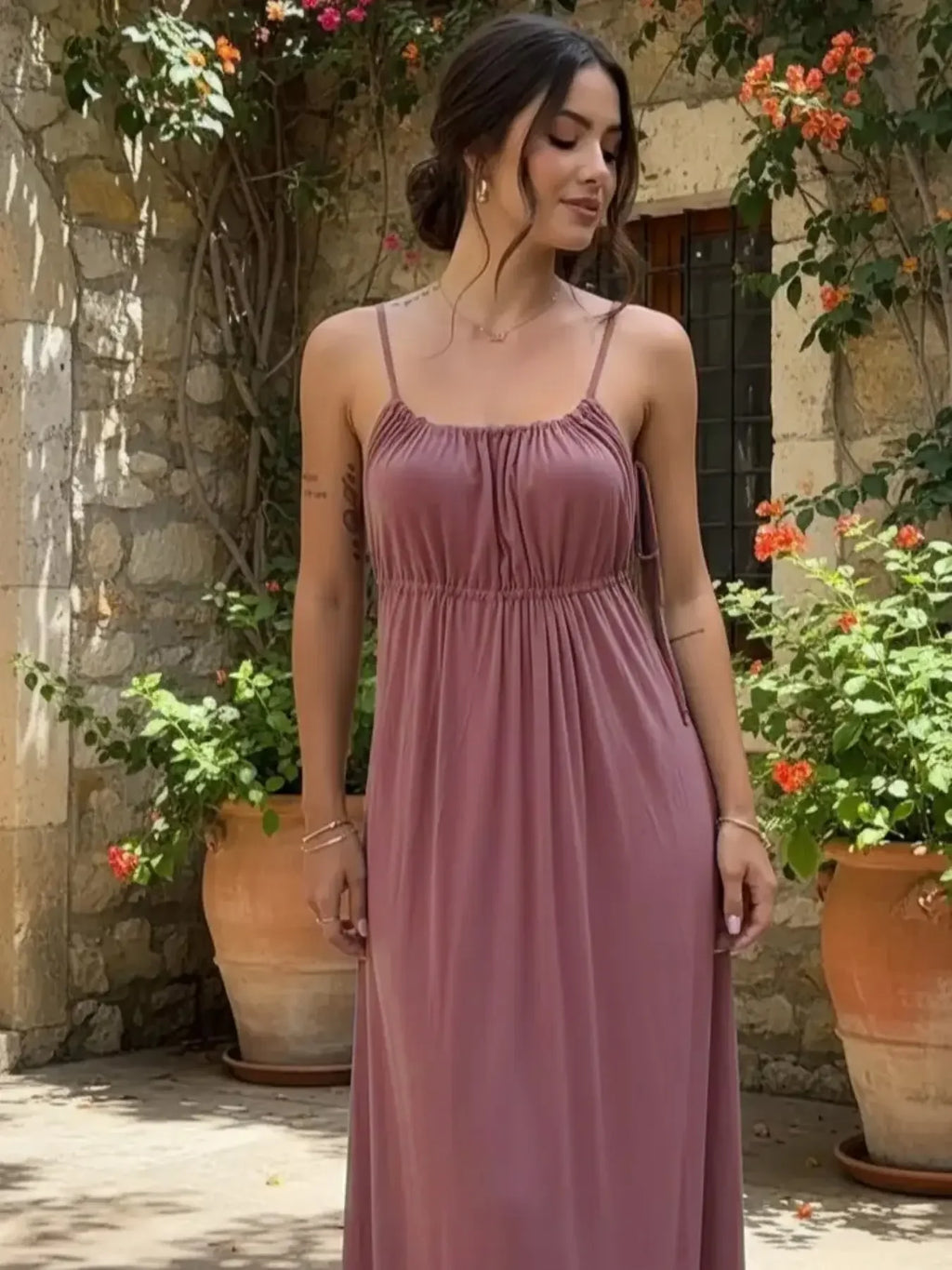 Women's Ruched Pink Cami Nightgown, Sleeveless Glossy Sleep Dress with Spaghetti Straps and Relaxed Feminine Silhouette