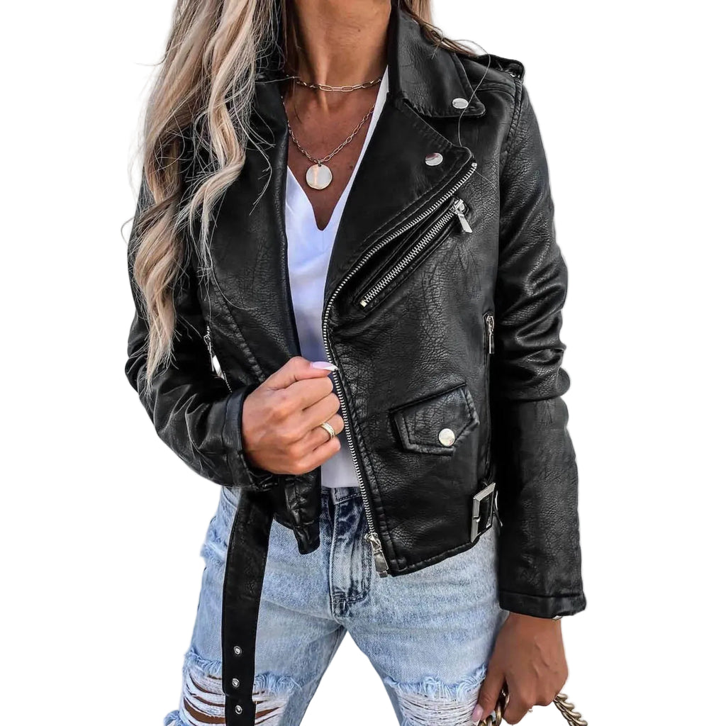 Women's Cropped Faux Leather Moto Jacket with Asymmetrical Zip Contemporary Streetwear Design