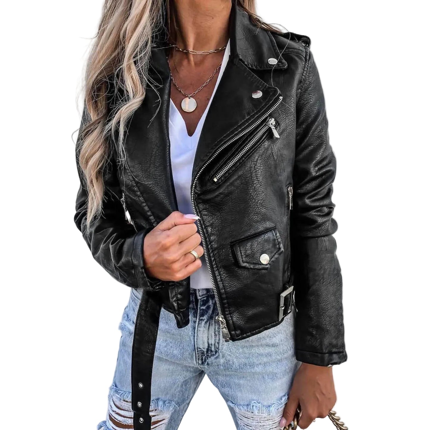 Women's Cropped Faux Leather Moto Jacket with Asymmetrical Zip Contemporary Streetwear Design