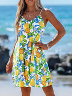 Fruit Print Spaghetti Strap Mini Dress with A-Line Summer Vacation Silhouette