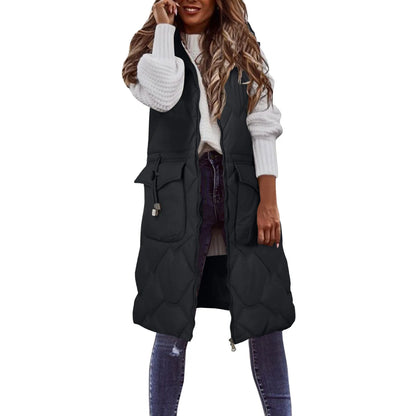 Women's Long Quilted Hooded Puffer Vest Relaxed Casual Streetwear Layering Outerwear