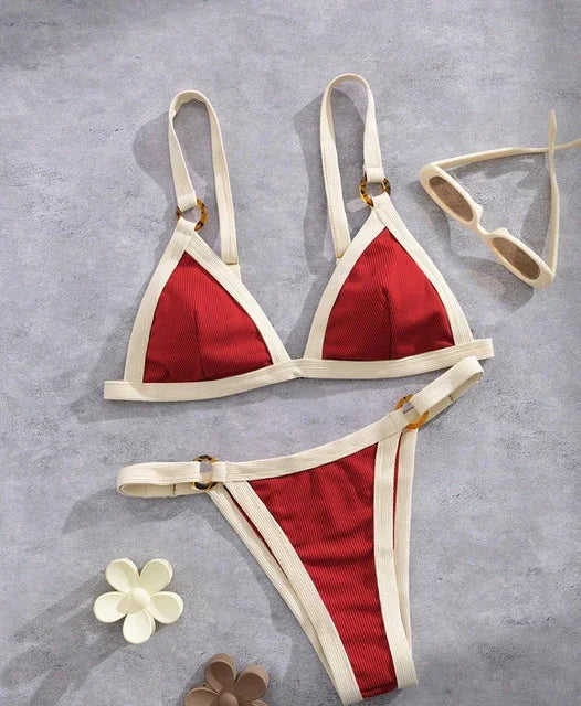 Textured Taupe Bikini with Contrast White Piping and Hardware Accents