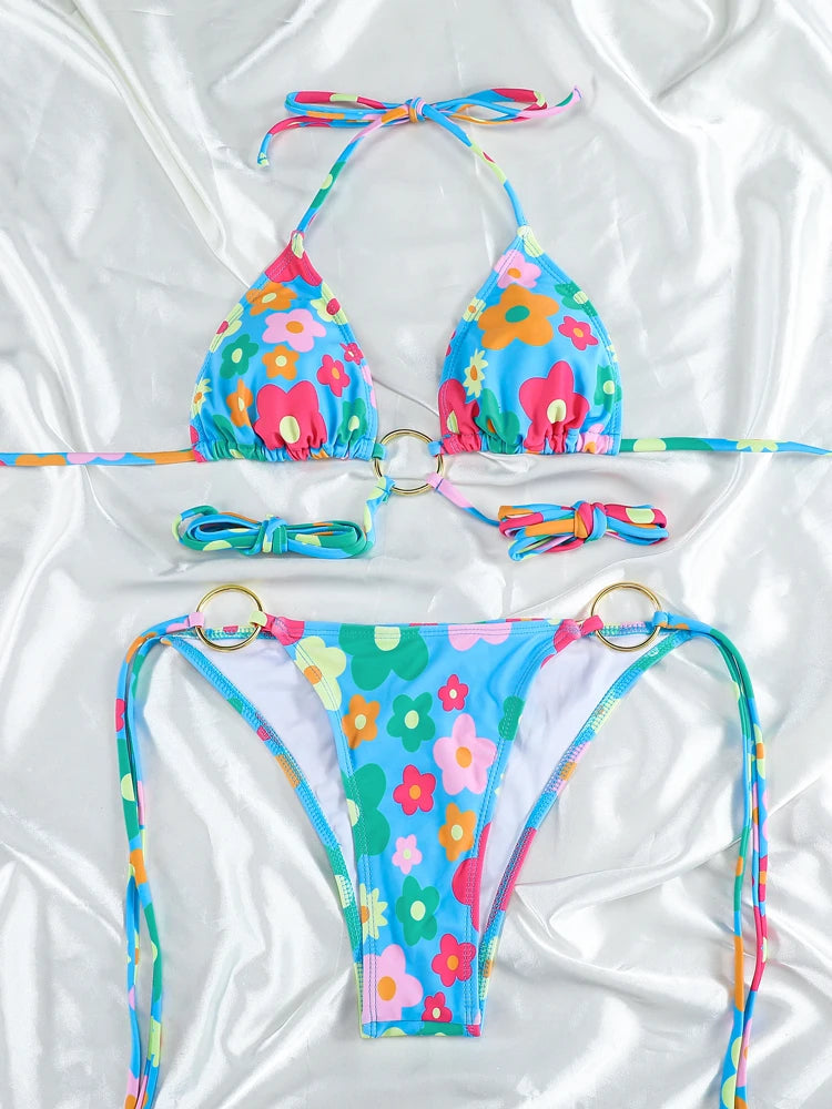 Vibrant Abstract Print Triangle String Bikini with Multi-Strap Cutout Bottoms