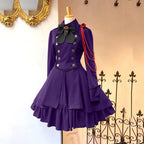 Medieval-Inspired Green and Black Flared Coat Dress with Decorative Bow and Brass-Tone Buttons