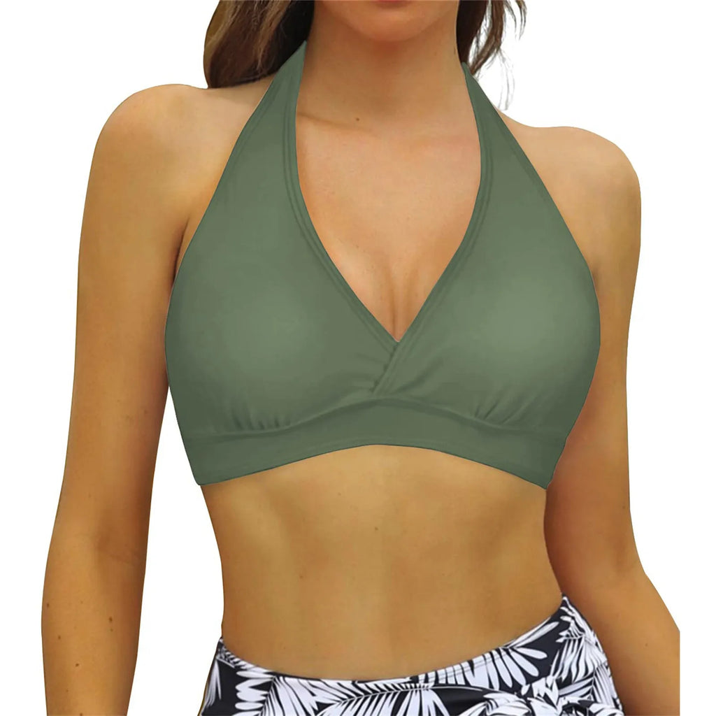 Classic Black Halter Bikini Top with Gathered Front Detailing and Tie-Neck Straps