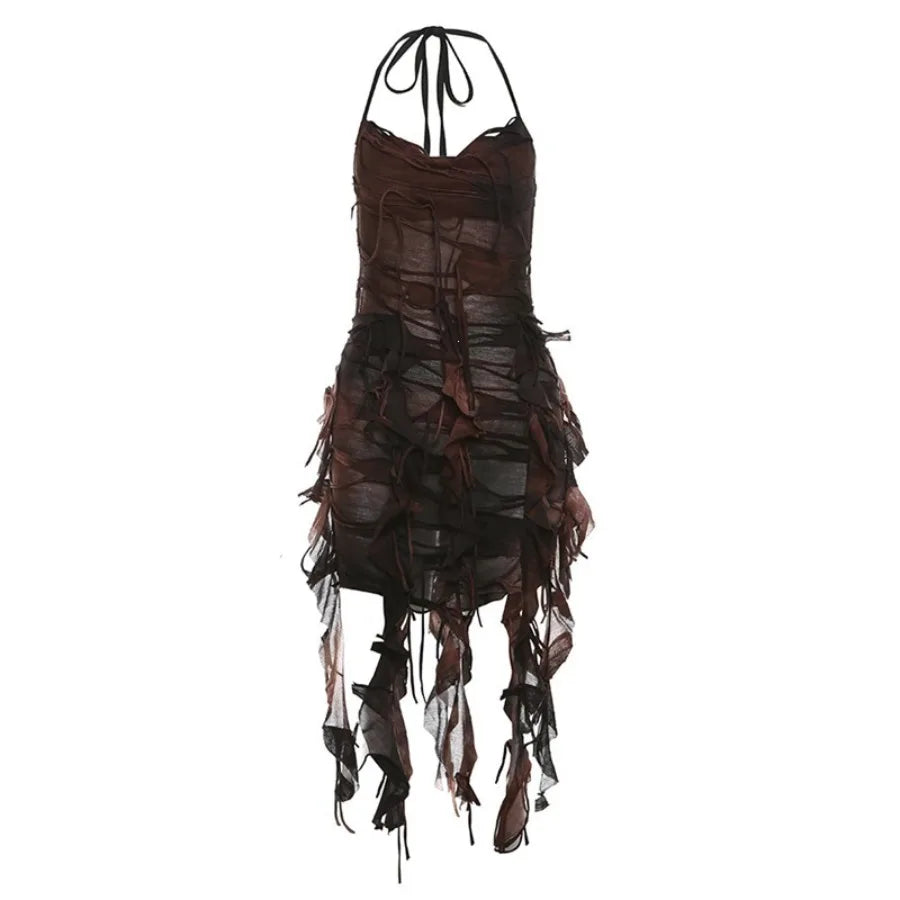 Distressed Layered Chiffon Mini Dress With Dark Alternative Streetwear Fashion Appeal
